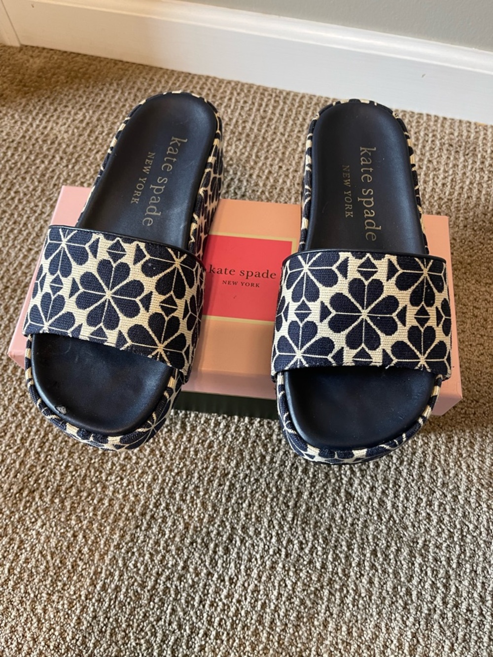 kate spade navy and cream floral jacquard slide sandals